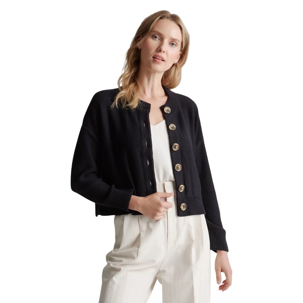 Quince Women's Small Organic Cotton Cropped Cardigan Black Preppy Coastal Boho